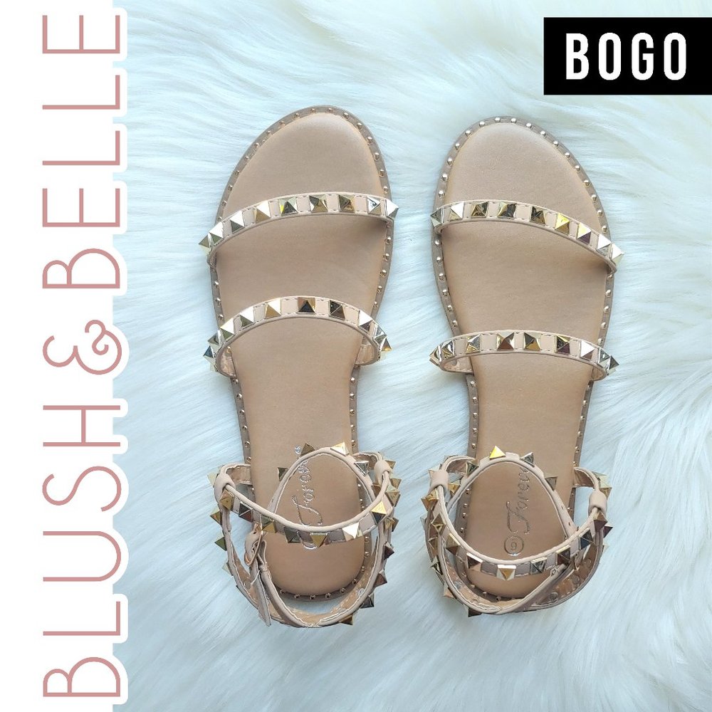 𝔹𝕆𝔾𝕆 Taupe Studded Strappy Vegan Leather Sandals - Picture 1 of 5